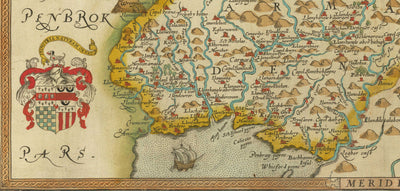 First Old Map of Central Wales in 1578 by Christopher Saxton - Powys, Ceredigion, Carmarthenshire, Aberystwyth, Cardigan