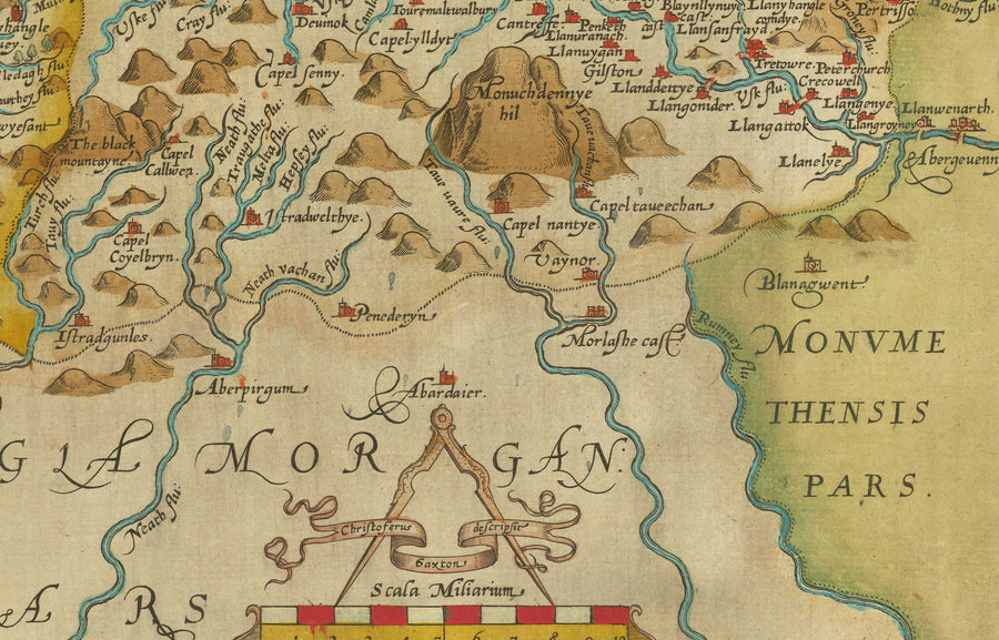 Prima mappa antica del Galles centrale nel 1578 di Christopher Saxton - Powys, Ceredigion, Carmarthenshire, Aberystwyth, Cardigan 