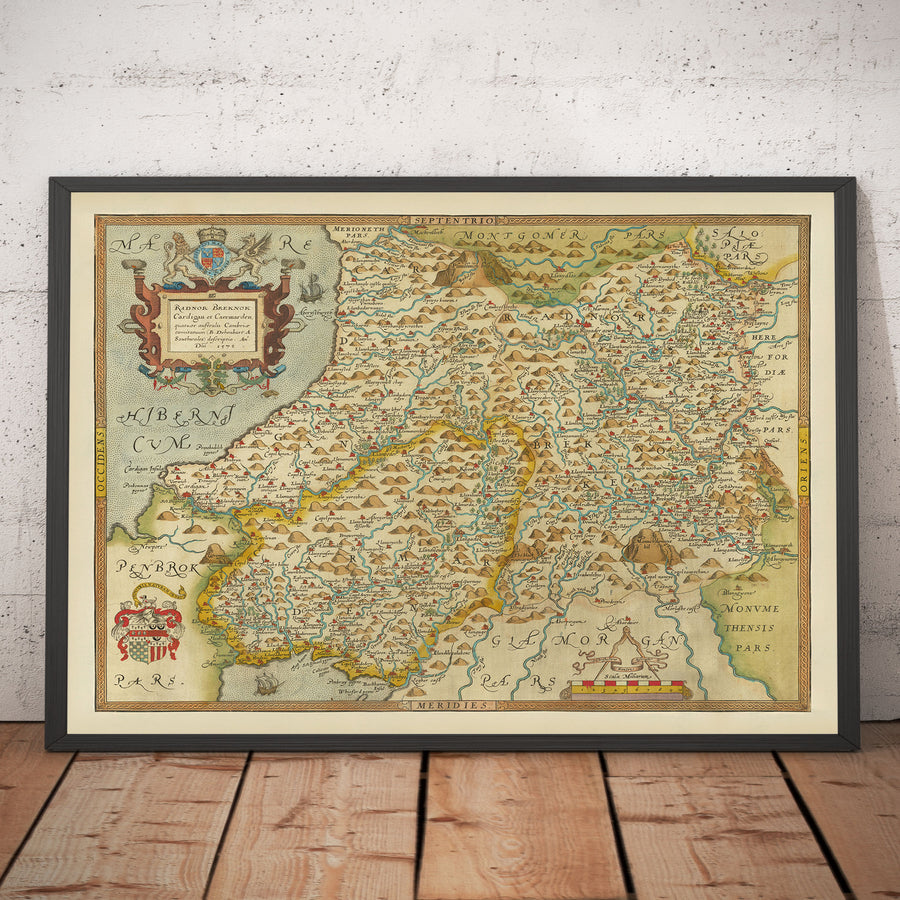Prima mappa antica del Galles centrale nel 1578 di Christopher Saxton - Powys, Ceredigion, Carmarthenshire, Aberystwyth, Cardigan 