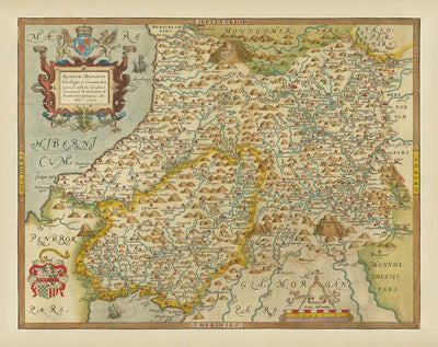 Première carte ancienne du centre du pays de Galles en 1578 par Christopher Saxton - Powys, Ceredigion, Carmarthenshire, Aberystwyth, Cardigan