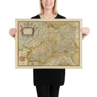 Prima mappa antica del Galles centrale nel 1578 di Christopher Saxton - Powys, Ceredigion, Carmarthenshire, Aberystwyth, Cardigan 