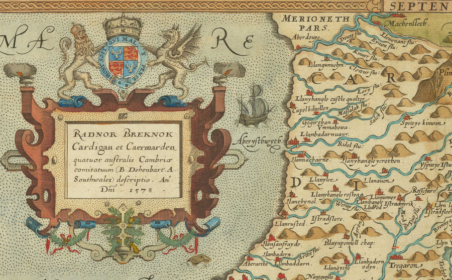 Prima mappa antica del Galles centrale nel 1578 di Christopher Saxton - Powys, Ceredigion, Carmarthenshire, Aberystwyth, Cardigan 