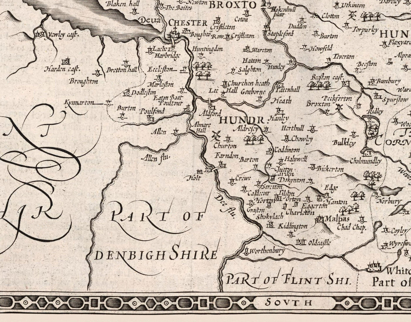 Vieille carte monochrome de Cheshire en 1611 - Chester, Warrington, Crewe, Runcorn, Liverpool, Merseyside