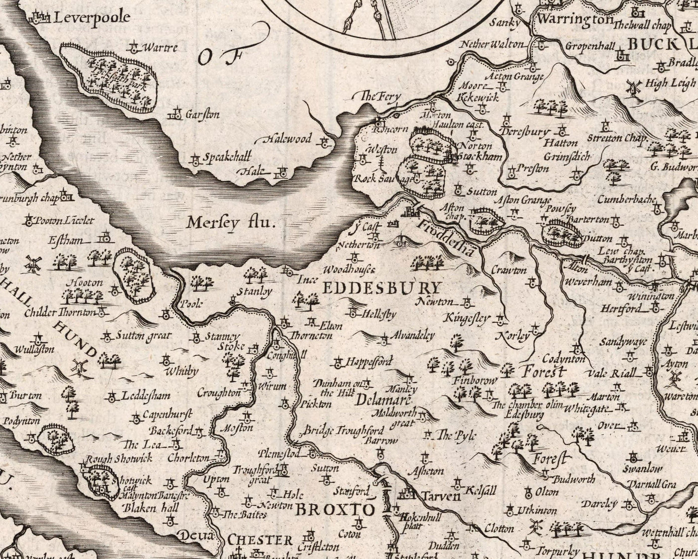 Alte monochrome Karte von Cheshire im Jahre 1611 - Chester, Warrington, Crewe, Runcorn, Liverpool, Merseyside