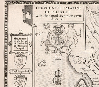 Alte monochrome Karte von Cheshire im Jahre 1611 - Chester, Warrington, Crewe, Runcorn, Liverpool, Merseyside