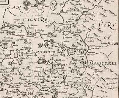 Vieille carte monochrome de Cheshire en 1611 - Chester, Warrington, Crewe, Runcorn, Liverpool, Merseyside