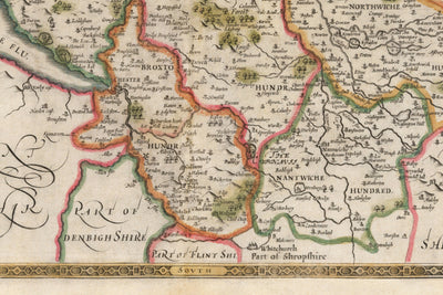 Old Map of Cheshire in 1611 by John Speed - Chester, Warrington, Crewe, Runcorn, Liverpool, Wirral, Merseyside