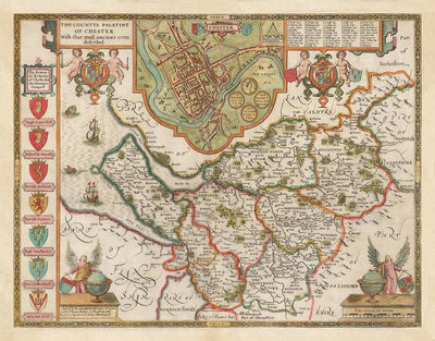 Ancienne carte de Cheshire en 1611 par John Speed ​​- Chester, Warrington, Crewe, Runcorn, Liverpool, Merseyside