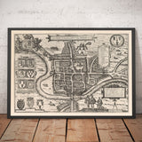 Old Map of Chester, Cheshire 1581 by Georg Braun - Castle, Cathedral, Roman City Walls