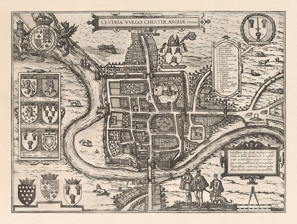Mapa antiguo de Chester, Cheshire 1581 por Georg Braun - Castillo, Catedral, Murallas de la ciudad romana