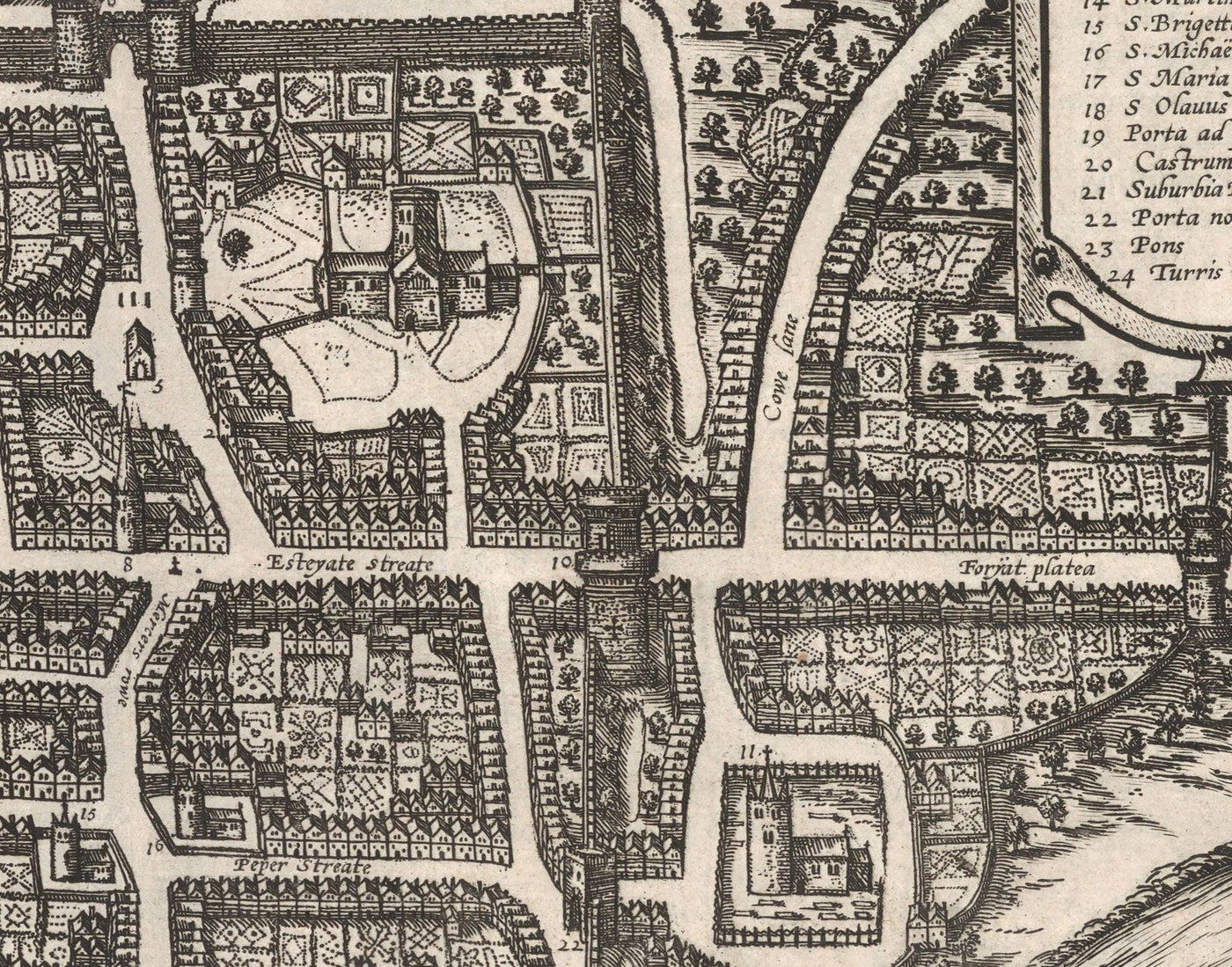Alte Karte von Chester, Cheshire 1581 von Georg Braun - Burg, Kathedrale, Römische Stadtmauern