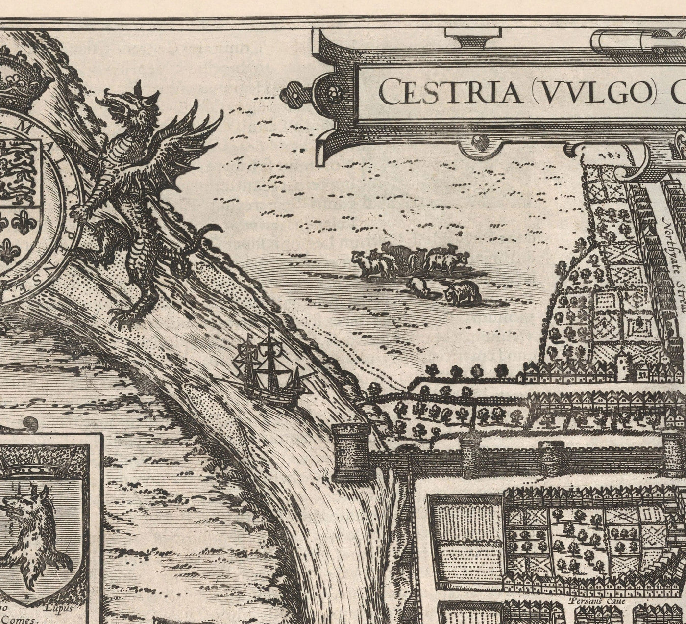 Mapa antiguo de Chester, Cheshire 1581 por Georg Braun - Castillo, Catedral, Murallas de la ciudad romana