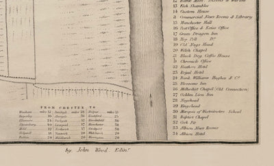 Alte Karte von Chester, 1833 von John Wood - Kathedrale, Burg, Rennkurs, Wände, Fluss Dee, Innenstadtplanplan