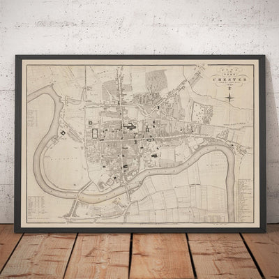 Alte Karte von Chester, 1833 von John Wood - Kathedrale, Burg, Rennkurs, Wände, Fluss Dee, Innenstadtplanplan