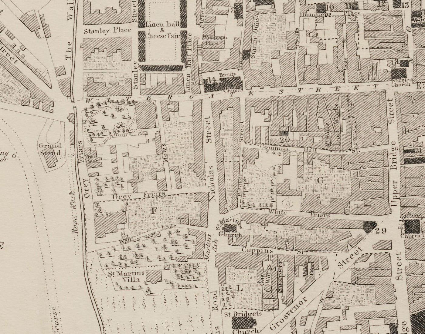 Ancienne carte de Chester, 1833 par John Wood - Cathédrale, Château, Course de course, Murs, River Dee, Centre ville Plan Graphique