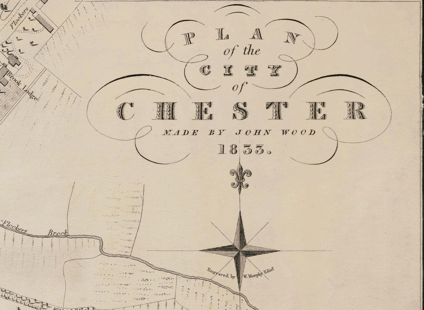 Ancienne carte de Chester, 1833 par John Wood - Cathédrale, Château, Course de course, Murs, River Dee, Centre ville Plan Graphique