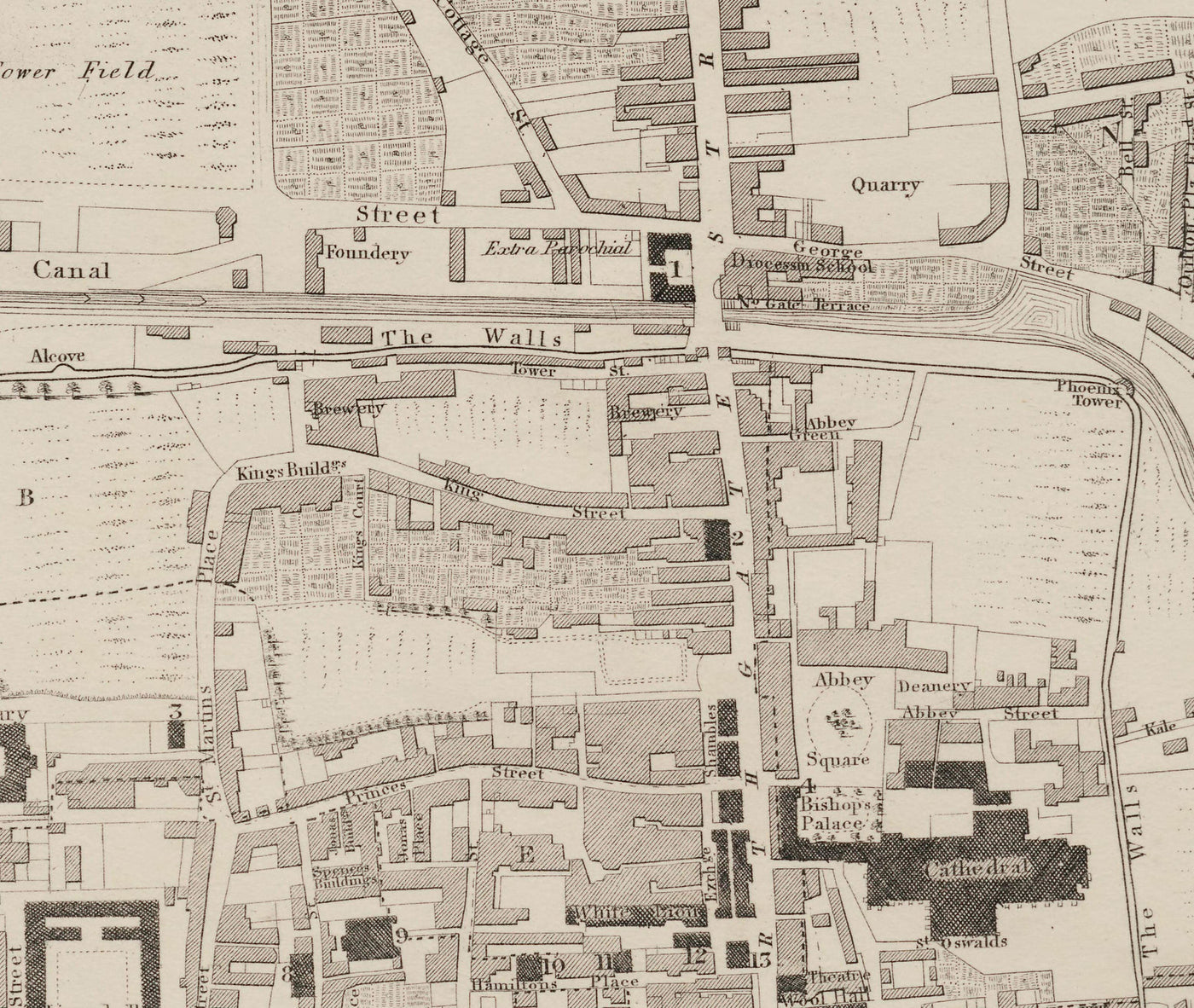 Viejo mapa de Chester, 1833 de John Wood - Catedral, Castillo, Curso de carreras, paredes, Río Dee, Tabla del Plan del Centro de Ciudad