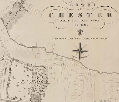 Viejo mapa de Chester, 1833 de John Wood - Catedral, Castillo, Curso de carreras, paredes, Río Dee, Tabla del Plan del Centro de Ciudad