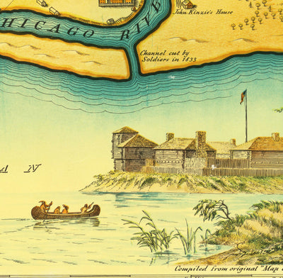 Ancienne carte de Chicago, 1833 par Stelzer & Conley - 350 pop. Ville - Lac Michigan, Centre ville, Chicago River