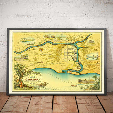 Mappa antica di Chicago, 1833 di Stelzer & Conley - 350 abitanti. Città - Lago Michigan, centro città, fiume Chicago 