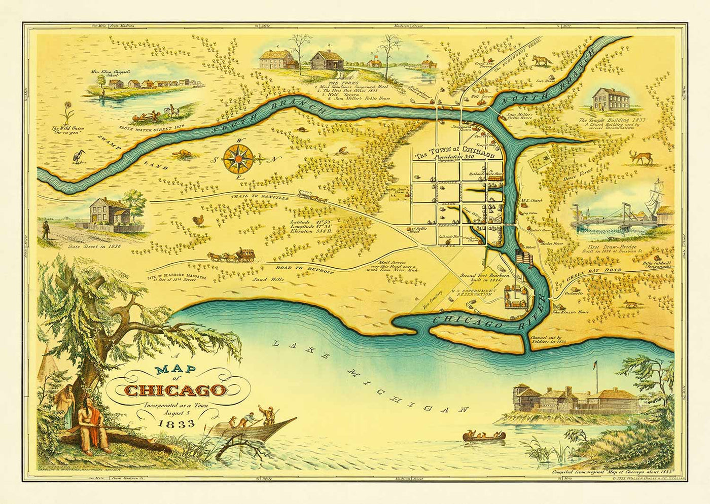 Alte Karte von Chicago, 1833 von stelzer & conley - 350 Pop. Town - Michigansee, Innenstadt, Chicago River