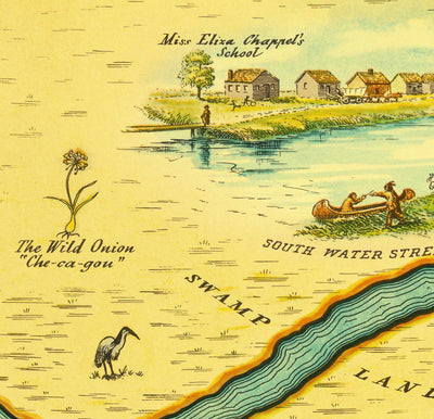 Ancienne carte de Chicago, 1833 par Stelzer & Conley - 350 pop. Ville - Lac Michigan, Centre ville, Chicago River