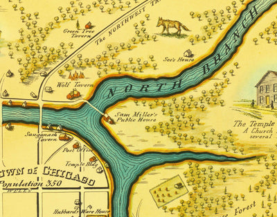 Alte Karte von Chicago, 1833 von stelzer & conley - 350 Pop. Town - Michigansee, Innenstadt, Chicago River