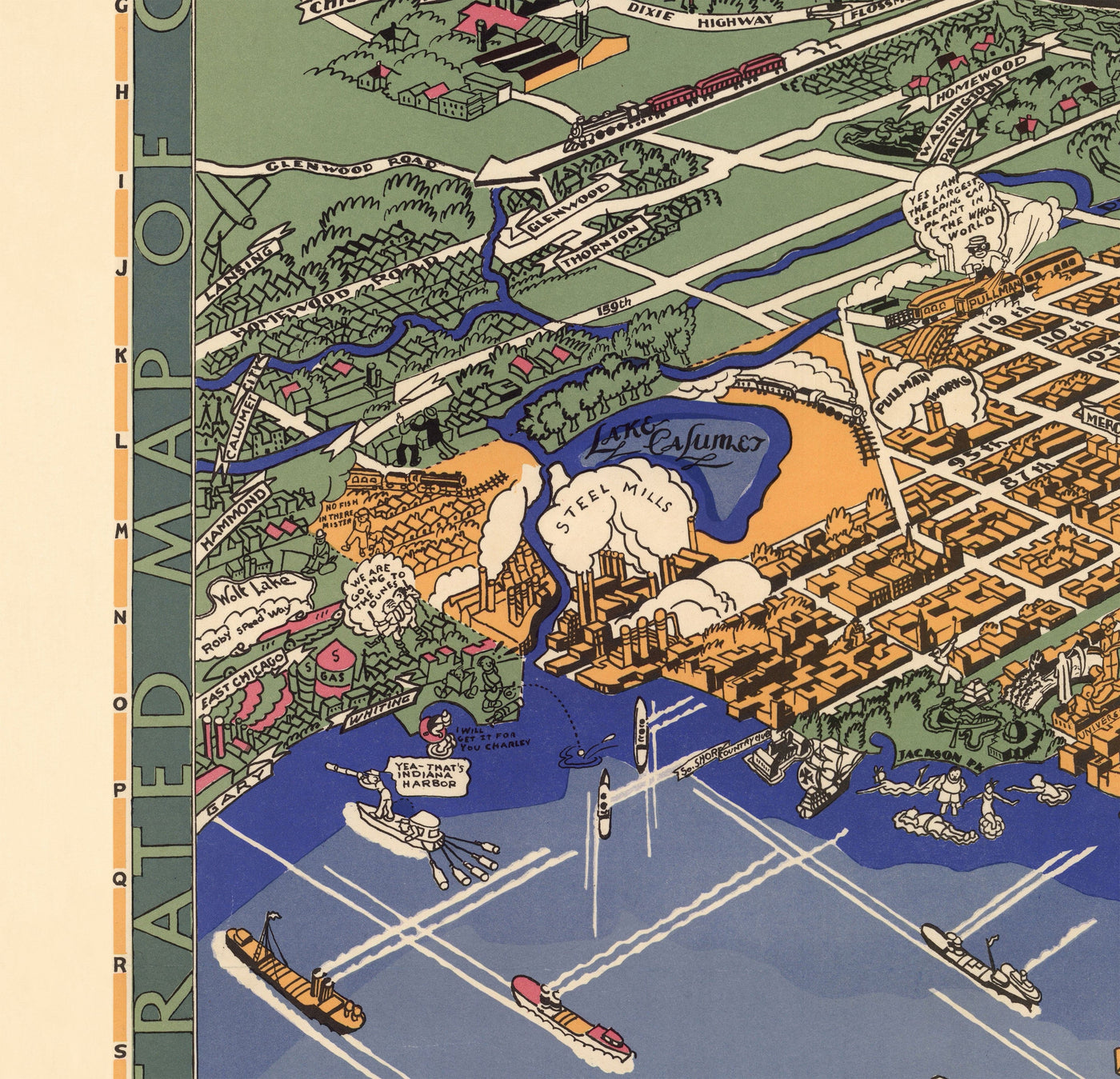 Alte Karte von Chicago, 1931 - Birdseye Karte von Downtown, Grant Park, Zentral, herrliche Meile, Michigansee, Vororte