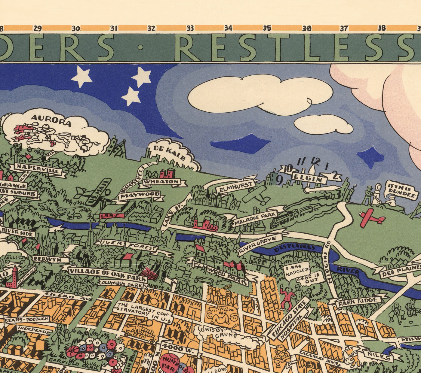 Mapa antiguo de Chicago, 1931 - Mapa de Birdseye del centro de la ciudad, Grant Park, Central, Magnificent Mile, Lago Michigan, Suburbios