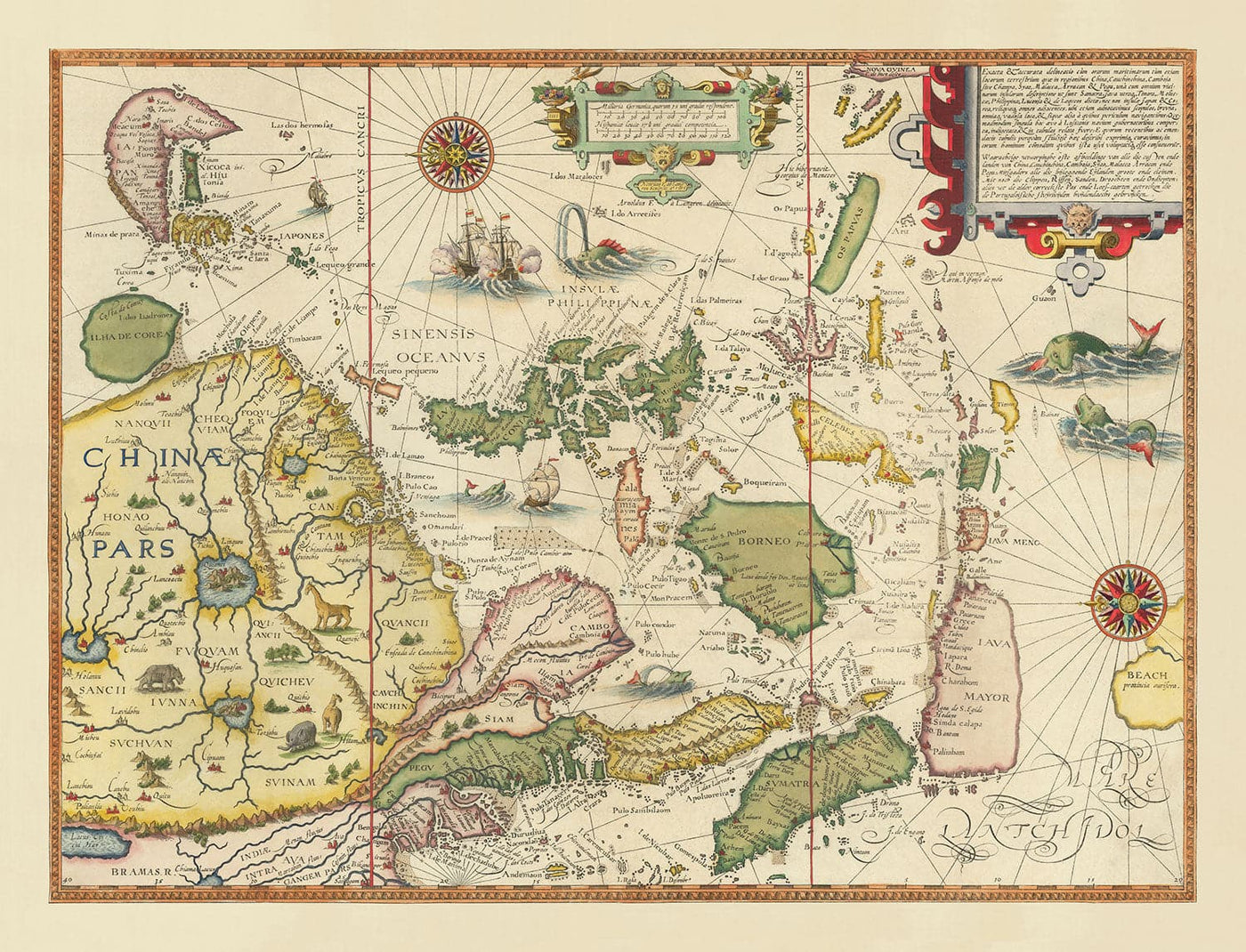 Alte Karte von Südostasien, 1596 - China, Korea, Japan, Philippinen, Singapur, Malaysia, Indonesien, Ostindien
