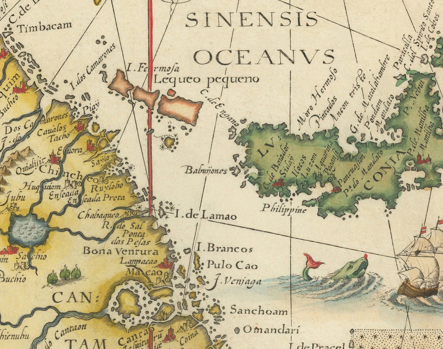 Mapa antiguo del sudeste asiático, 1596 - China, Corea, Japón, Filipinas, Singapur, Malasia, Indonesia, Indias Orientales