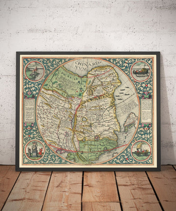 Mappa antica più rara della Cina, 1593 di Cornelis de Jode - Prima carta europea della Cina, del Giappone e della Corea 