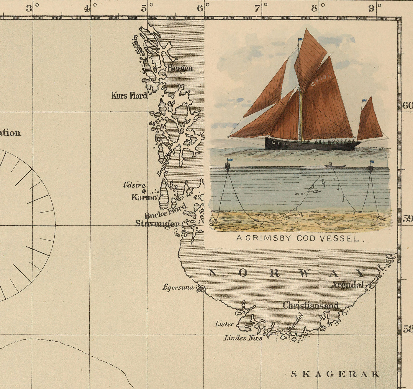 Ancienne carte du cabillaud de la mer du Nord, 1883 par O.T. Olsen - Pêche du cabillaud, répartition, frai, etc.