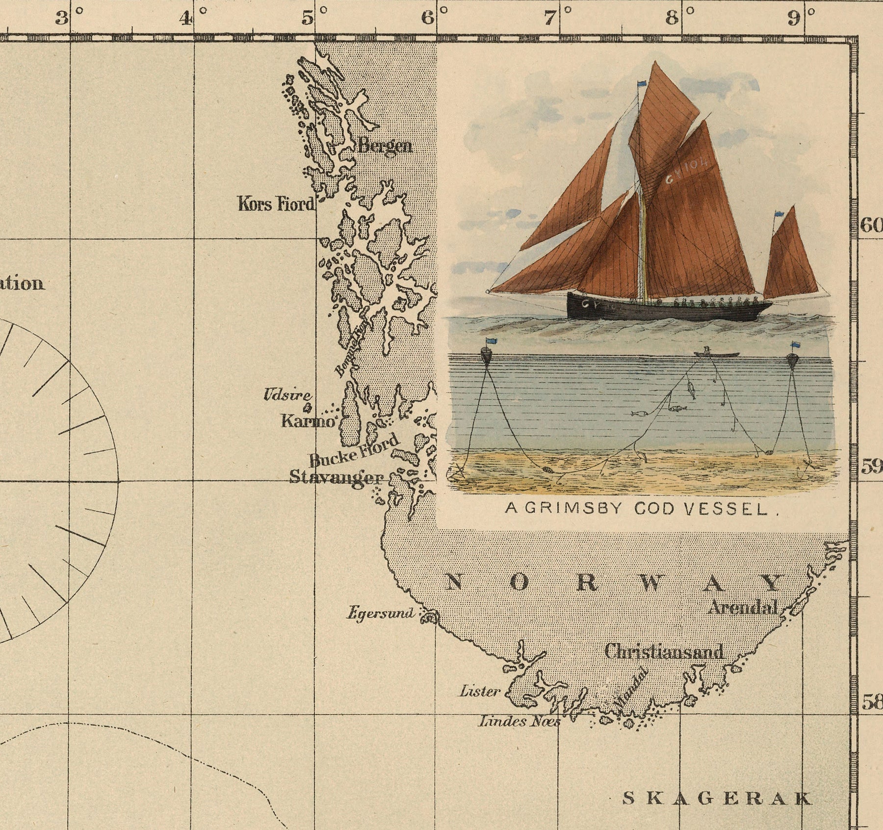Old Cod Fish Map of the North Sea, 1883 by O.T. Olsen - Cod Fishing, D ...