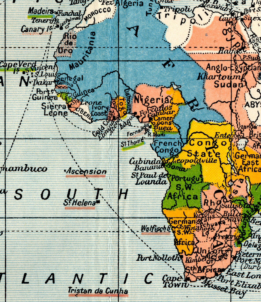 Alter kolonialer Weltkarte, 1912 von Cambridge Publishing - Britisches Empire, Französisches Empire, Niederländisches Empire, Chinesisches Empire, Spanisches Empire 