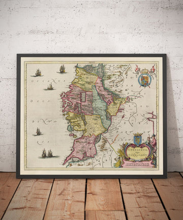 Ancienne Carte de Connacht, Irlande en 1665 par Joan Blaeu - Connaught, Galway, Sligo, Mayo, Leitrim, Clare, Ouest Eire