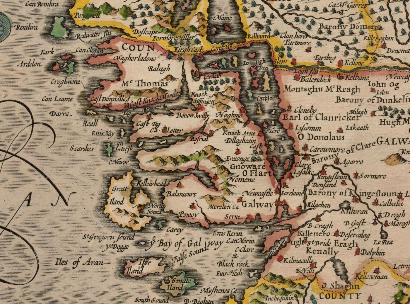Viejo mapa de Connacht, Irlanda 1611 de John Speed ​​- Galway, Sligo, Mayo, Leitrim, Clare
