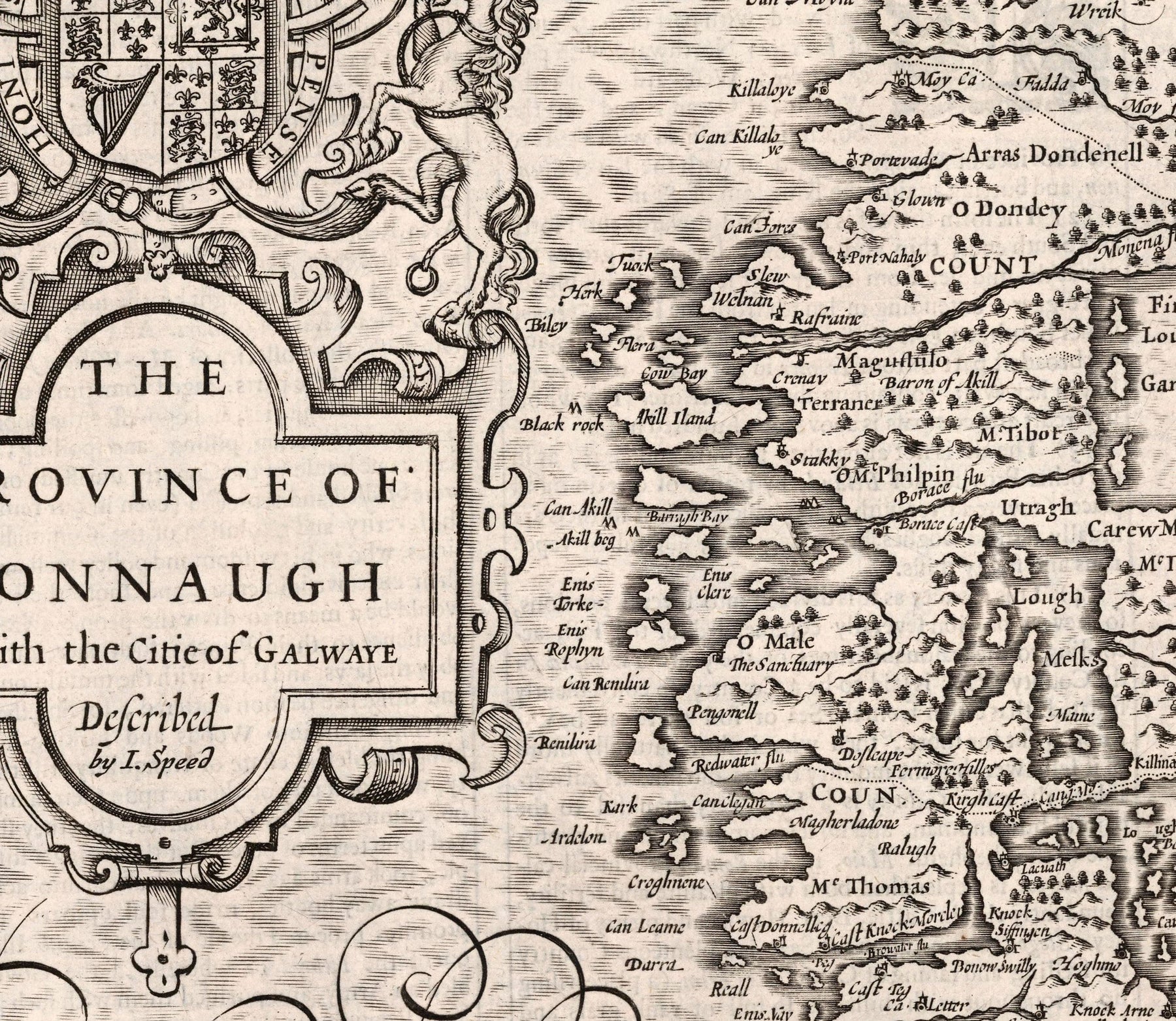 Detailed Connaught Map Old Monochrome Map of Connacht, Ireland 1611 by John Speed - Galway, S ...