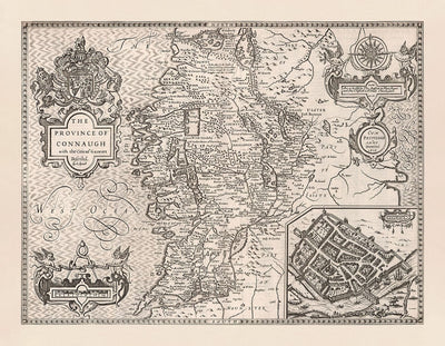 Alte monochrome Karte von Connacht, Irland 1611 von John Speed ​​- Galway, Sligo, Mayo, Leitrim, Clare