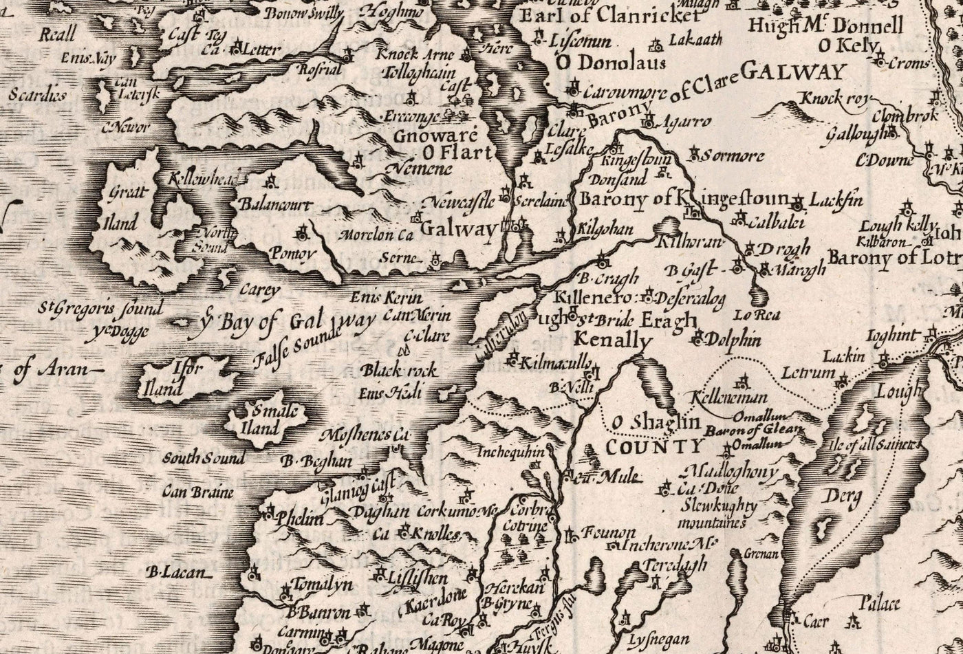 Old Monochrome Carte de Connacht, Irlande 1611 de John Vitesse - Galway, Sligo, Mayo, Leitrim, Clare
