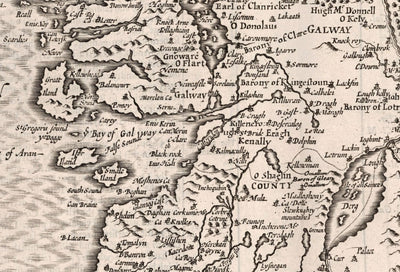 Viejo mapa monocromo de Connacht, Irlanda 1611 de John Speed ​​- Galway, Sligo, Mayo, Leitrim, Clare