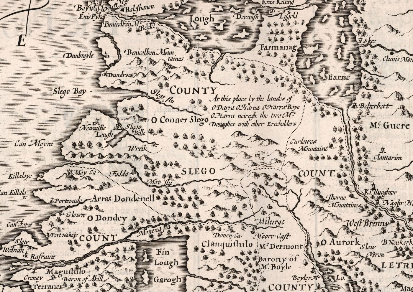 Viejo mapa monocromo de Connacht, Irlanda 1611 de John Speed ​​- Galway, Sligo, Mayo, Leitrim, Clare