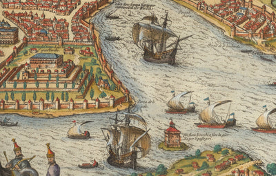 Ancienne carte d'Istanbul, Constantinople en 1572 par Georg Braun - Byzantium, Bosphore, Corne d'or, Palais Topkapi
