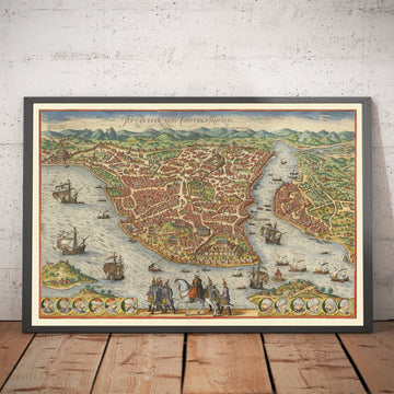 Alte Karte von Istanbul, Konstantinopel im Jahr 1572 von Georg Braun - Byzanz, Bosporus, Goldenes Horn, Topkapi-Palast 