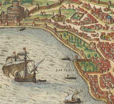 Ancienne carte d'Istanbul, Constantinople en 1572 par Georg Braun - Byzantium, Bosphore, Corne d'or, Palais Topkapi