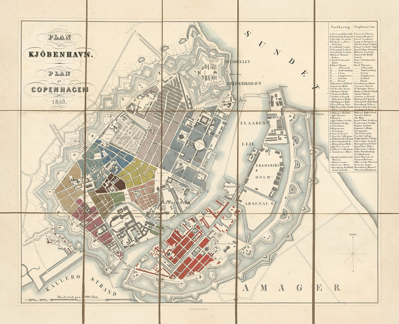 Old Street Map of Copenhagen in 1853 by Millard Fillmore - Borsen, Holmen, Kastellet, Christianshavn, Slotsholmen