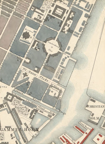 Alte Straßenkarte von Kopenhagen im Jahr 1853 von Millard Fillmore - Borsen, Holmen, Kastellet, Christianshavn, Slotsholmen