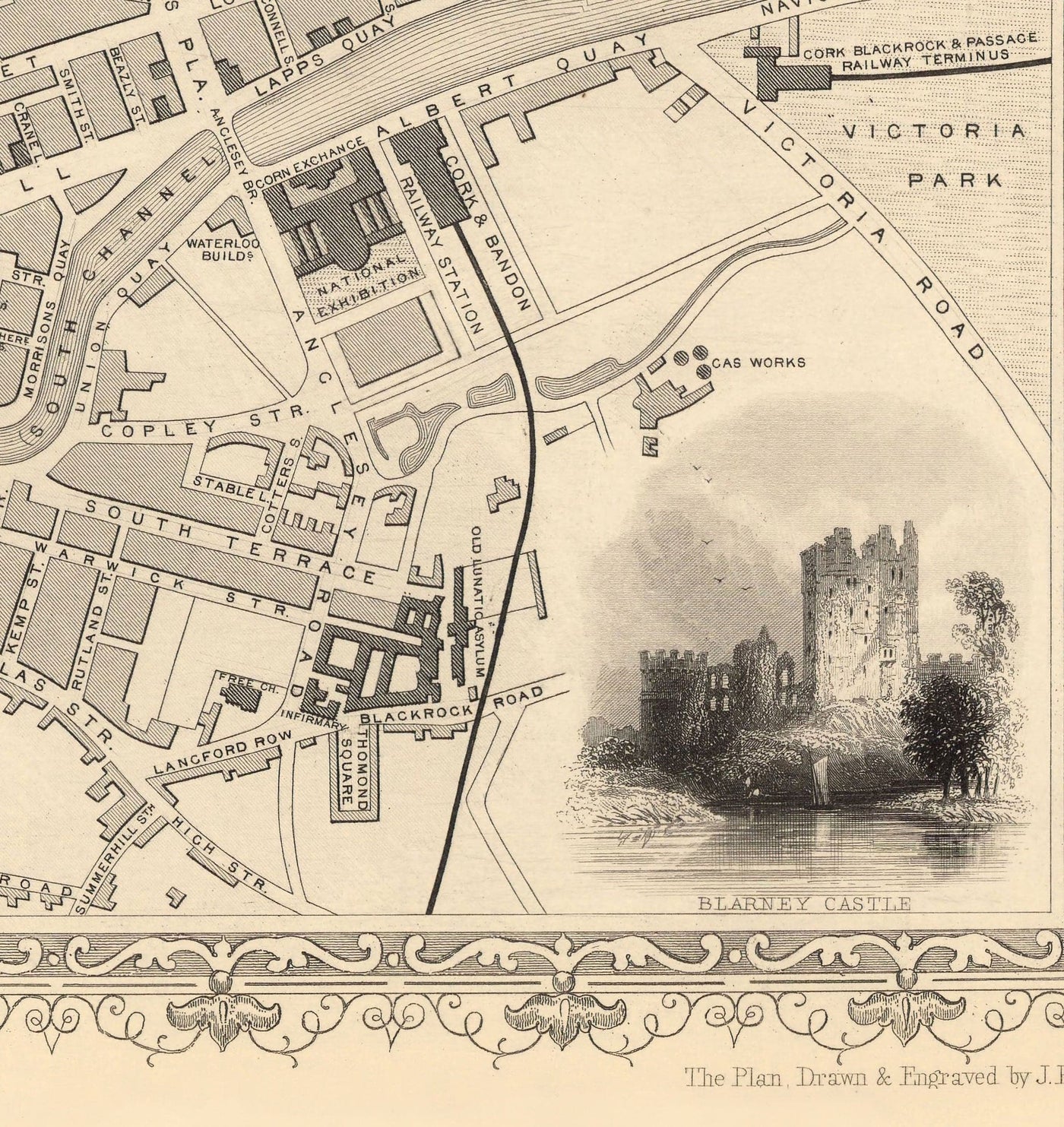 Alte Karte von Kork, Irland, 1851 von Tallis & Rapkin - viktorianisches Viertel, Zentral, Popes Kai, Fluss Lee, Münster