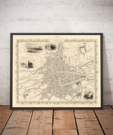 Alte Karte von Cork, Irland, 1851 von Tallis & Rapkin - Viktorianisches Viertel, Zentrum, Popes Quay, Fluss Lee, Munster 
