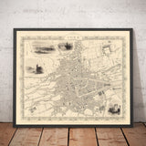 Alte Karte von Cork, Irland, 1851 von Tallis & Rapkin - Viktorianisches Viertel, Zentrum, Popes Quay, Fluss Lee, Munster 